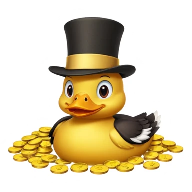Duck character in top hat swimming in pile of gold coins and money bags sticker