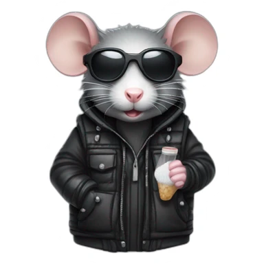 badass rat in black bodywarmer wearing sunglasses holding a small half-filled plastic bag of powdered sugar sticker