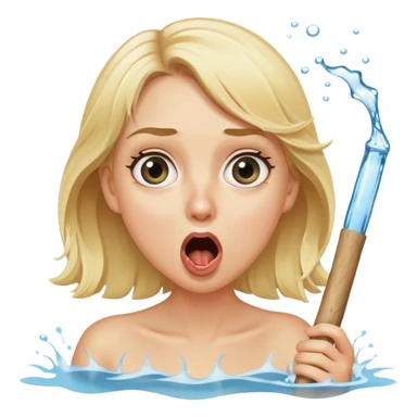 blond woman with wide eyes, holding a wide skin-colored stick with a nibble on the edge, water squirting from the stick into her mouth, shocked face sticker
