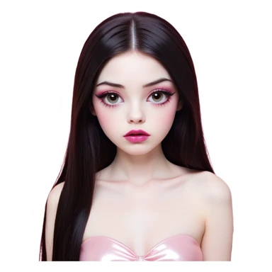 girl with white skin, dark brown long realistic straight hair with middle part prominently falling in front of her body over her shoulders, very big pouty extremely glossy ultra-shiny lips with nude reddish-pink lip gloss and absolutely no cupid's bow, big round eyes with very black shiny eyeballs and huge eyelashes, no eyeshadow, pink blush on cheeks, lighter button nose, exceptionally elongated very long oval-shaped face, wearing a pink off-shoulder top, looking directly at camera with hands down at sides sticker