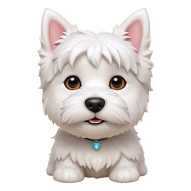 Cinematic Cute West Highland White Terrier Portrait Emoji, Head tilted playfully and inquisitively, featuring a fluffy, immaculate white coat with perky ears, round, sparkling dark eyes filled with curiosity, Simplified yet irresistibly adorable features, highly detailed, glowing with a warm, friendly glow, high shine, affectionate and lively, stylized with a touch of whimsy, bright and endearing, soft glowing outline, capturing the essence of a mischievous yet loving pup, so playful it feels like it could bound out of the screen and into your arms! sticker