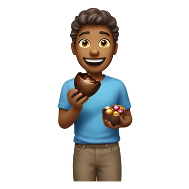 A person happily opening a chocolate surprise egg like a Kinder Surprise sticker