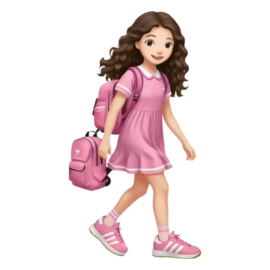 aestethic brunette very,very,very long wavy hair walking with a school backpack (no brand) with a cute pink dress, adidas samba shoes sticker