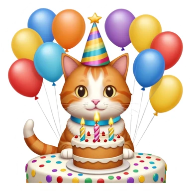 Ginger cat celebrates birthday, birthday hat, birthday cake, balloons, happy, gifts sticker