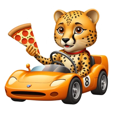 A cheetah in a race car eating a slice of pizza sticker