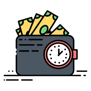 black wallet with dollars inside and a small clock in top right corner positioned above the wallet sticker