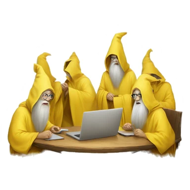 group of gandalfs, round yellow table, yellow clothes, glasses, macbooks sticker