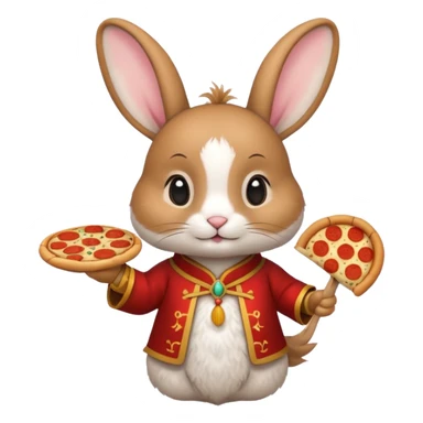 rabbit, wearing chinese ancient custome, with pizza sticker