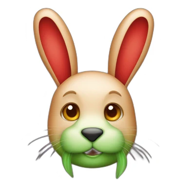 a red rabbit with green ears and a big nose sticker