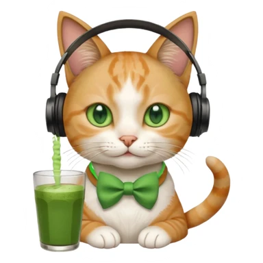 A cat wearing headphones with a glass of matcha, a bow on his ear sticker