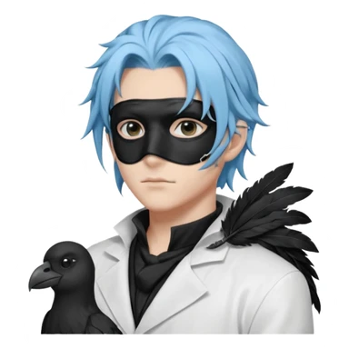 Handsome sexy adult anime man with light-blue hair and a black bird beak mask that covers whole face, black face mask, black mouth mask, black feathers draped over shoulder, wearing a white lab coat, long thin hair tendrils on the sides sticker