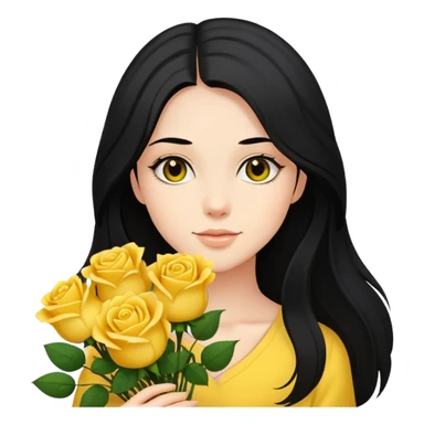 Beautiful girl with long black hair holding a bouquet of yellow roses sticker