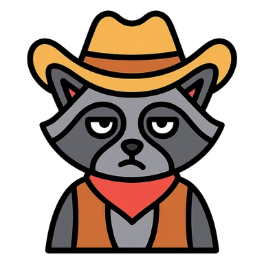 raccoon dressed as a cowboy, rolling his eyes, color outline icon sticker
