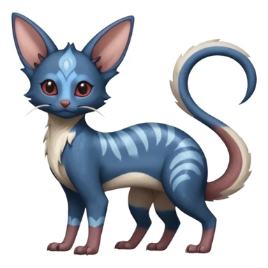 Dark Brown-Oily deep-blue-glittery Minccino-Lykoi-Emolga-Sphynx-Linoone-Zangoose-fusion-hybrid-animal-Fakémon-creature, full body, thin long sleek scaly tail, intricate markings sticker