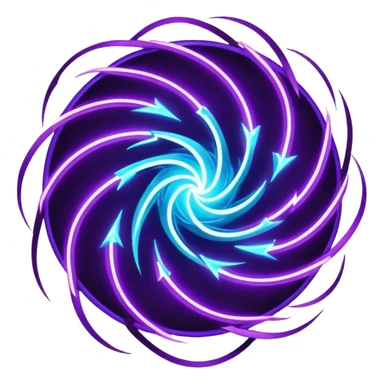 futuristic minimalistic logo icon, abstract glowing storm swirl made of neon purple (#8B5CF6) and cyan (#00E0FF) lines, representing Storm team energy and speed, digital lightning core, dark background, no face, tech-style emblem, 1:1 aspect ratio sticker
