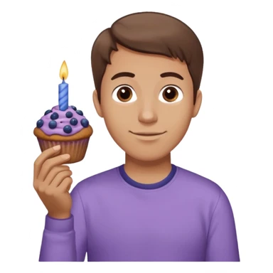 Make a white man with brown hair wearing a shirt that says happy b day Virginia holding a blueberry muffin with a birthday candle in it. Have him holding multiple muffins and no candles in hand. Have him wearing a purple shirt. He should still be a white guy in a light purple shirt sticker