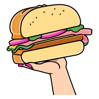 cartoon style sloppy sandwich with a bite on one side, held by a hand with pink nails sticker