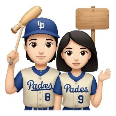 Couple in a game with dark hair but white skin. They are girlfriend and boyfriend. Not sibling. Girl has medium cheeks and dimples on the cheeks. The boy has black hair and prominent eyebrows with egipcian nose. Both are wearing “Los Padres” baseball jerseys and with a sign that says “Go Padres” sticker