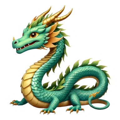  serpent dragon. Slim, serpentine body with smooth scales in soft blues and greens. Fluffy leaf plumes replace the tail fins, and a terracotta crown-like crest adorns its head. Gentle amber eyes. it should be similar to traditional chinese dragons. sticker
