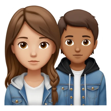 Three persons. one girl with not that long dark brown hair and with the blur jakcet. The other girl has light long brown hair and denim jacket and white dress and the guy with short brown hair and balck hoodie sticker