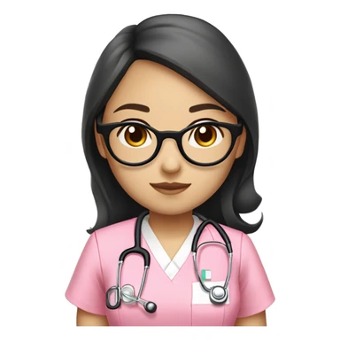 Asian girl (beige white skin tone) with round glasses, hair bang and wavy long black hair , wearing a pink nurse uniform (scrub) with a stethoscope sticker