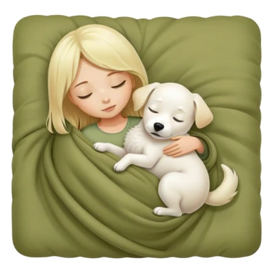 Cute blond girl and white dog sleeping in a olive color blanket sticker