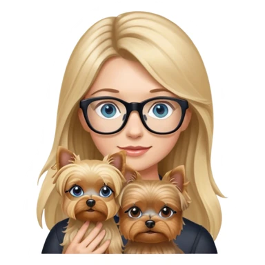 Hyper Photo Realistic Blonde balayage long hair women with blue eyes wearing glasses and holding a Yorkshire terrier  sticker