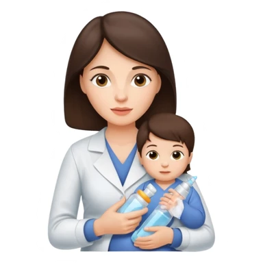Brunette Mother holding a baby bottle with milk and a vaccine syringe sticker