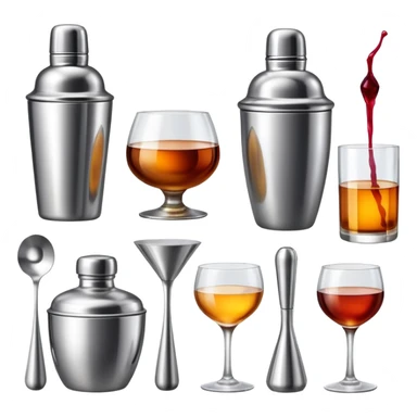 bar items set including cocktail shaker, wine glasses, whiskey bottle sticker