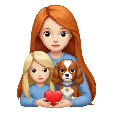 Little girl with a long fair hair with mom and cavalier king charles spaniel and heart sticker