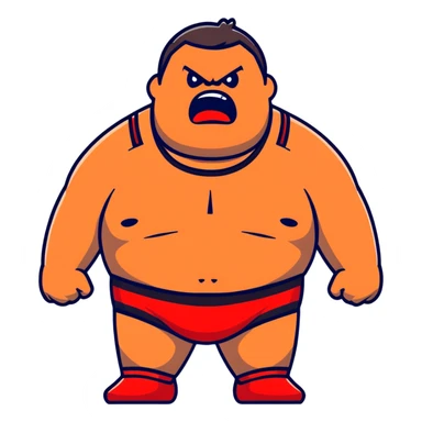 Close-up of white skin fat guy with young face, no muscle with prominent black durag, completely shaved face, no beard or mustache, black eyes in a red and black wrestling singlet with angry face sticker