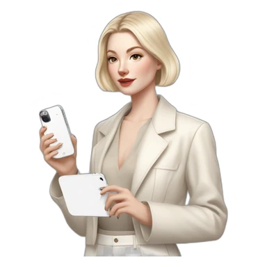 pale skin woman with ash blonde Straightened bob Hair, White Spacious classical jacket, beige palazzo Arrow pants and gray blouse holding white IPhone 14 pro in the hands sticker