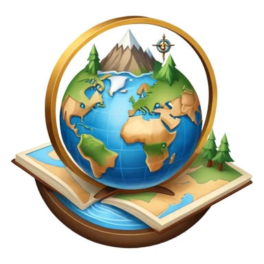 An icon featuring a globe, a compass, and a map, symbolizing geography. The design includes mountain ranges, rivers, and continents, representing the study of Earth’s landscapes and environments. Transparent background highlights the exploration and understanding of the world’s geography. sticker