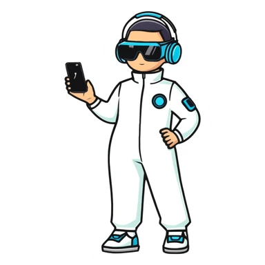 Futuristic human wearing sleek jumpsuit with tech gadgets, augmented reality glasses, and glowing accents sticker