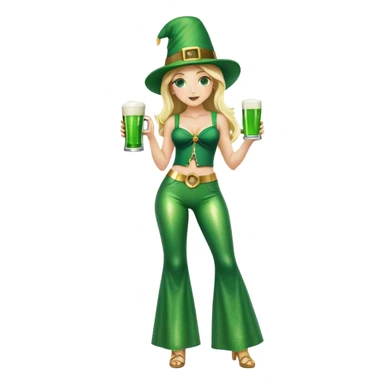 Blonde haired girl in glittery green bell bottoms and tall leprechaun hat holding a green beer sticker