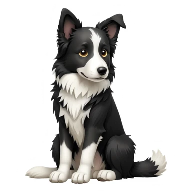 cinematic-[border collie dog]-realistic-full-body-sitting-emoji,-tail-resting-loosely-beside-its-paws,-head-tilted-dramatically,-scruffy-[black and white]-fur,-simplified-yet-realistic-focused-features,-highly-detailed,-glowing-with-an-almost-sarcastic-glow sticker