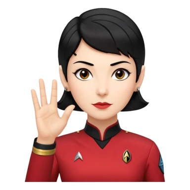 female Vulcan with short black hair and small pointy ears in Starfleet red uniform (Star Trek) no green face sticker