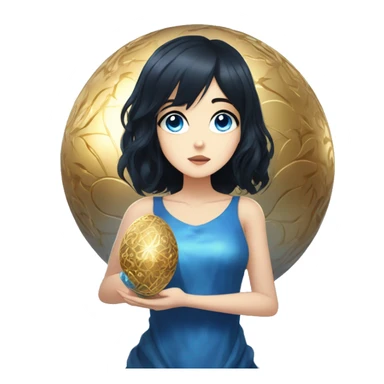 anime girl with blue-black hair, blue eyes, gentle and beautiful, mysterious, holding a golden Faberge egg in her arms sticker