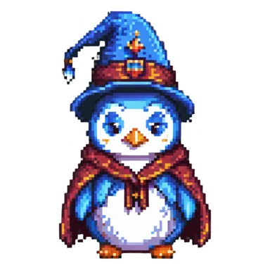 penguin wearing a wizard hat and robe pixel art sticker