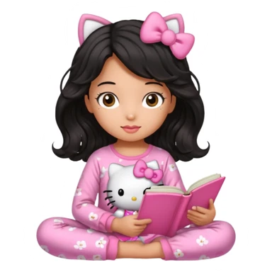 Chica peli negra  cabello ondulado tes trigueña con una pijama rosa de hello kitty leyendo un libro rosa de haditas  sticker