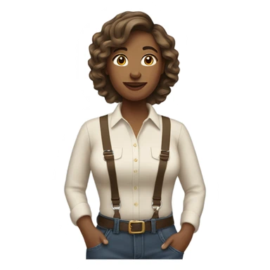 A wheat-toned woman with waist-length hair, brown hair, wavy. Wearing earrings and suspenders. sticker