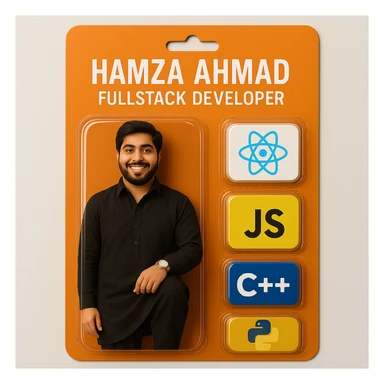 Create a realistic action figure toy of the person in the photo, packaged in a strong orange card blister pack. The figure is inside its own blister. Next to the figure, include four separate blisters, each containing one of the following: React logo, JS logo, C++ logo, and Python logo. Do not repeat any equipment. On top of the box, write 'Hamza Ahmad' and underneath it, 'FullStack Developer'. The figure and all equipment must be inside blisters. Visualize this in a realistic way, matching the style and layout of the provided reference images. sticker