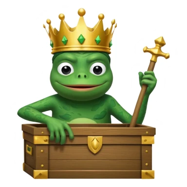 Emoji of an empty wooden coffin with its lid on top, the word ‘ECHO’ carved into the lid. The coffin is shown from the outside. A king-like Pepe the Frog, standing outside the coffin, is hammering nails into the lid to seal it shut. No character is inside the coffin. Not a treasure chest. sticker
