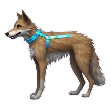  brindle fluffy lurcher fox running blue eyes fluffy ears and iridescent holographic oilslick harness wearing paper flower crown yellow caution tape neon sign sticker