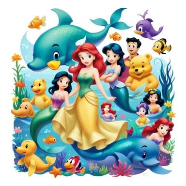 Icon for Animated Characters: A colorful, large-scale collage of beloved cartoon characters, including Franco, Mickey Mouse, Winnie-the-Pooh, Ariel the Little Mermaid, Jasmine and others. Bright and vibrant, full of whimsical charm. Transparent background. sticker