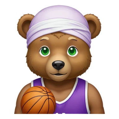 Stylish brown bear with green eyes wearing a white durag and purple and gold basketball jersey visible only to the shoulders, iOS emoji style sticker