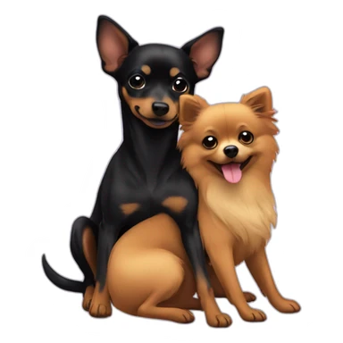 Black German mini pinscher hugging a pomeranian sticker