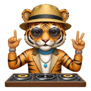 Un tigre con sombrero estilo cubano, una mesa de dj y gafas de sol. Una mano en la mesa de dj y la otra mano señalando al cielo a Dios sticker