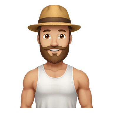 Muscular man with mid-long hair wearing a hat, big beard, smiling, white tank top sticker