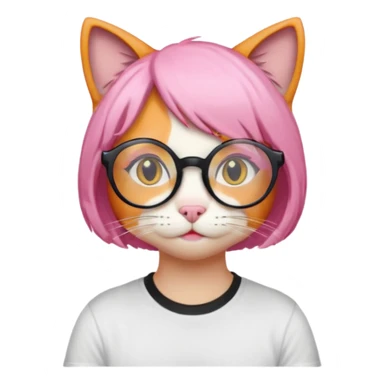 Orange Yellow cat wearing a little pink hair wig, black circle glasses, white T-shirt sticker